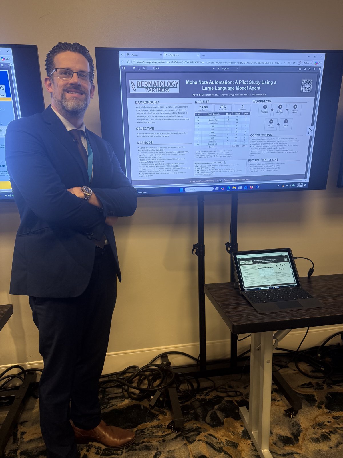 Dr. Kevin Christensen standing beside his ePoster titled 'Mohs Note Automation: A Pilot Study Using a Large Language Model Agent' at the ACMS Annual Meeting.