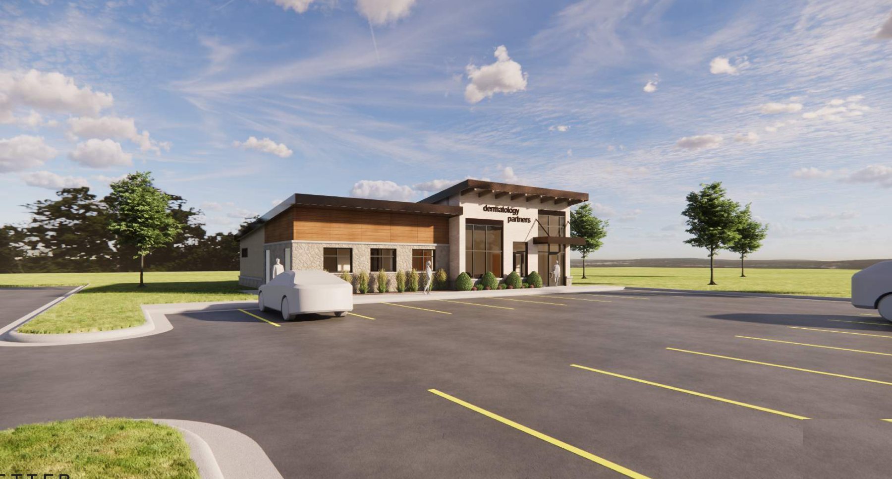 Architectural rendering of the Dermatology Partners Owatonna clinic viewed from the parking area.