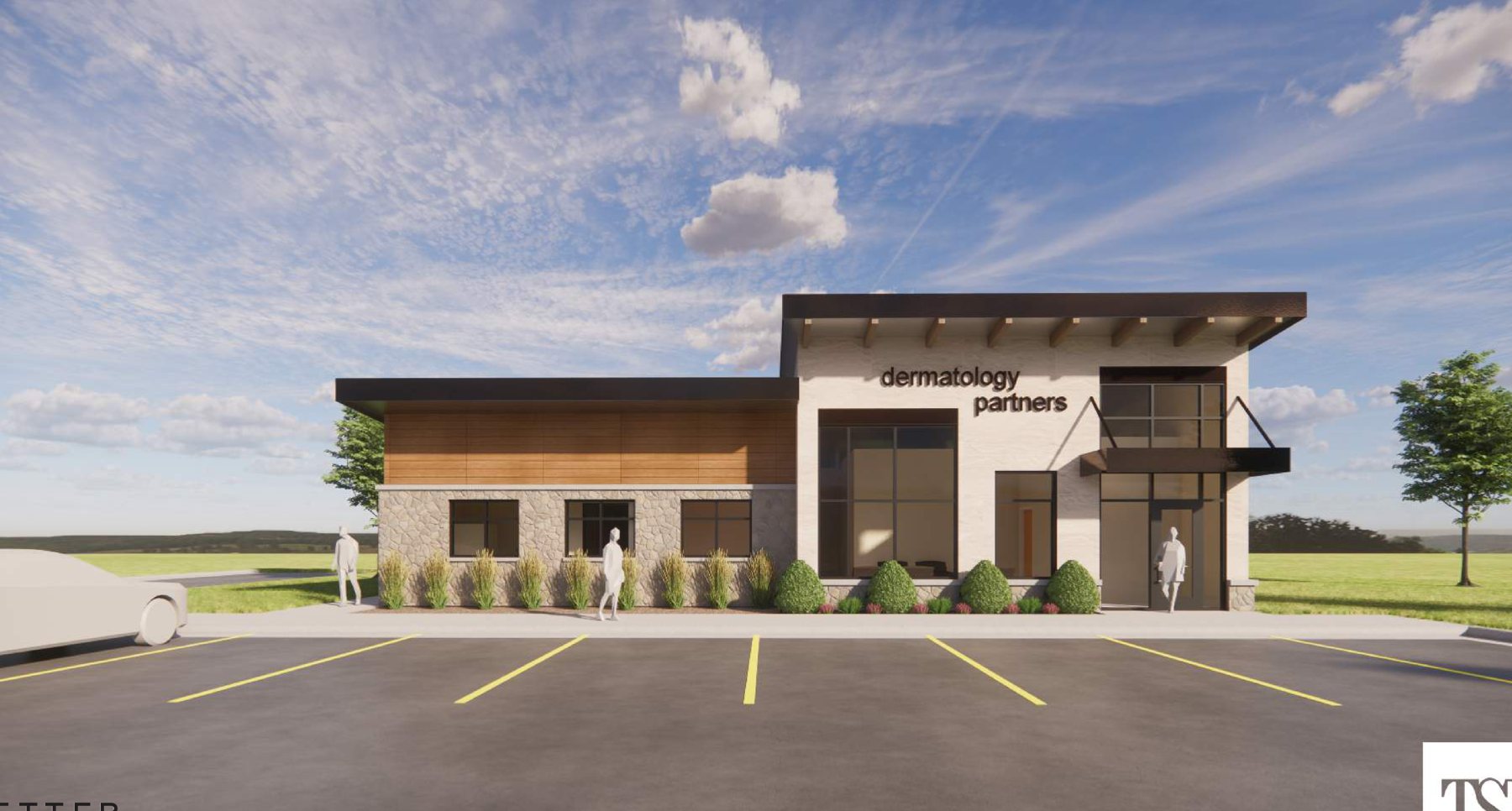 Architectural rendering of the new Dermatology Partners clinic building in Owatonna, Minnesota, a modern single-story building with stone accents and wood details.