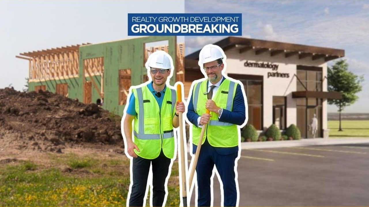 Dr. Kevin Christensen and Micah Nelson of Realty Growth in hard hats and safety vests holding shovels, with the framed clinic on the left and the architect's rendering on the right.